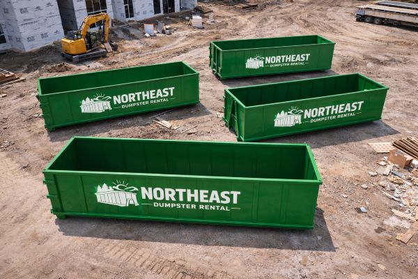 Green construction dumpster staged on a job site