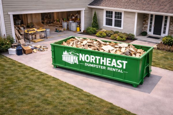 Roll-off dumpster loaded with debris from a home renovation
