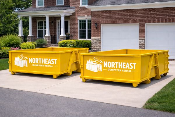 Yellow Northeast Dumpster Rentals roll-off dumpster in a home driveway
